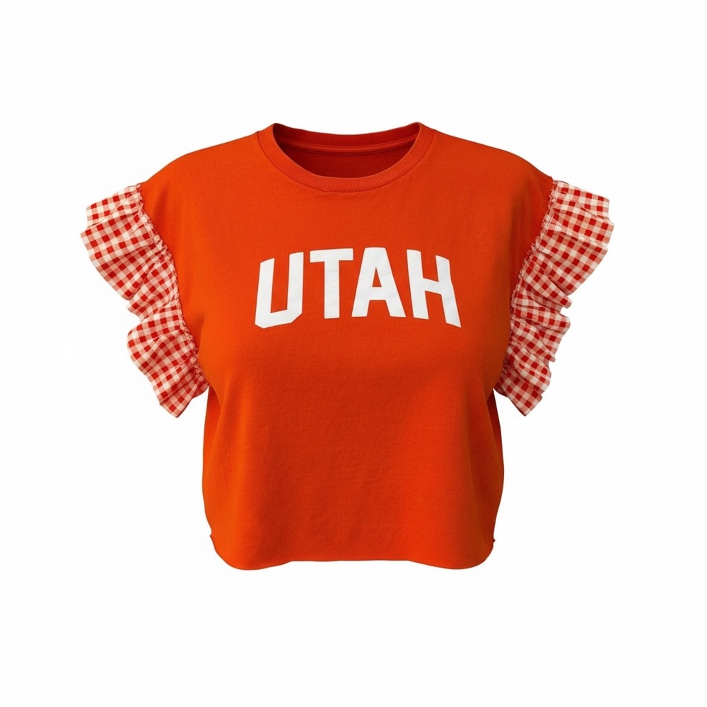 Utah Cropped Orange Tee with White Gingham Plaid Ruffle Sleeves